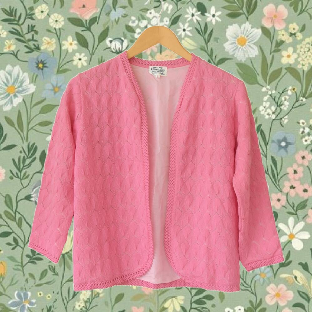 VTG 60s Vienna Lace Pink Pointelle Crochet Cardigan Sweater Small Mod Coquette